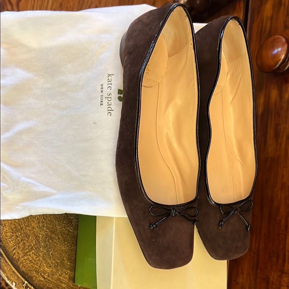 kate spade dark brown suede ballet flats with leather trim bow